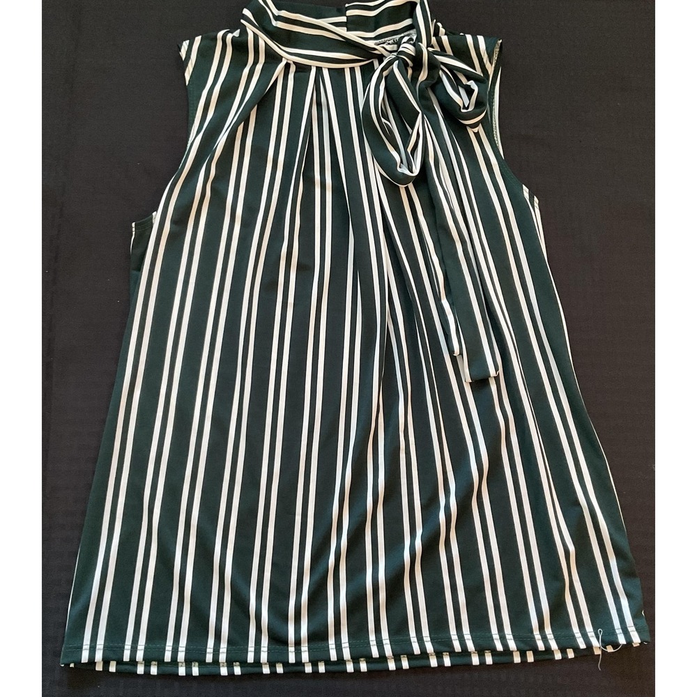Tiffany‎ & Grey Shirt Womens Petite XL Green Striped Tie Neck Bow Tank Made USA